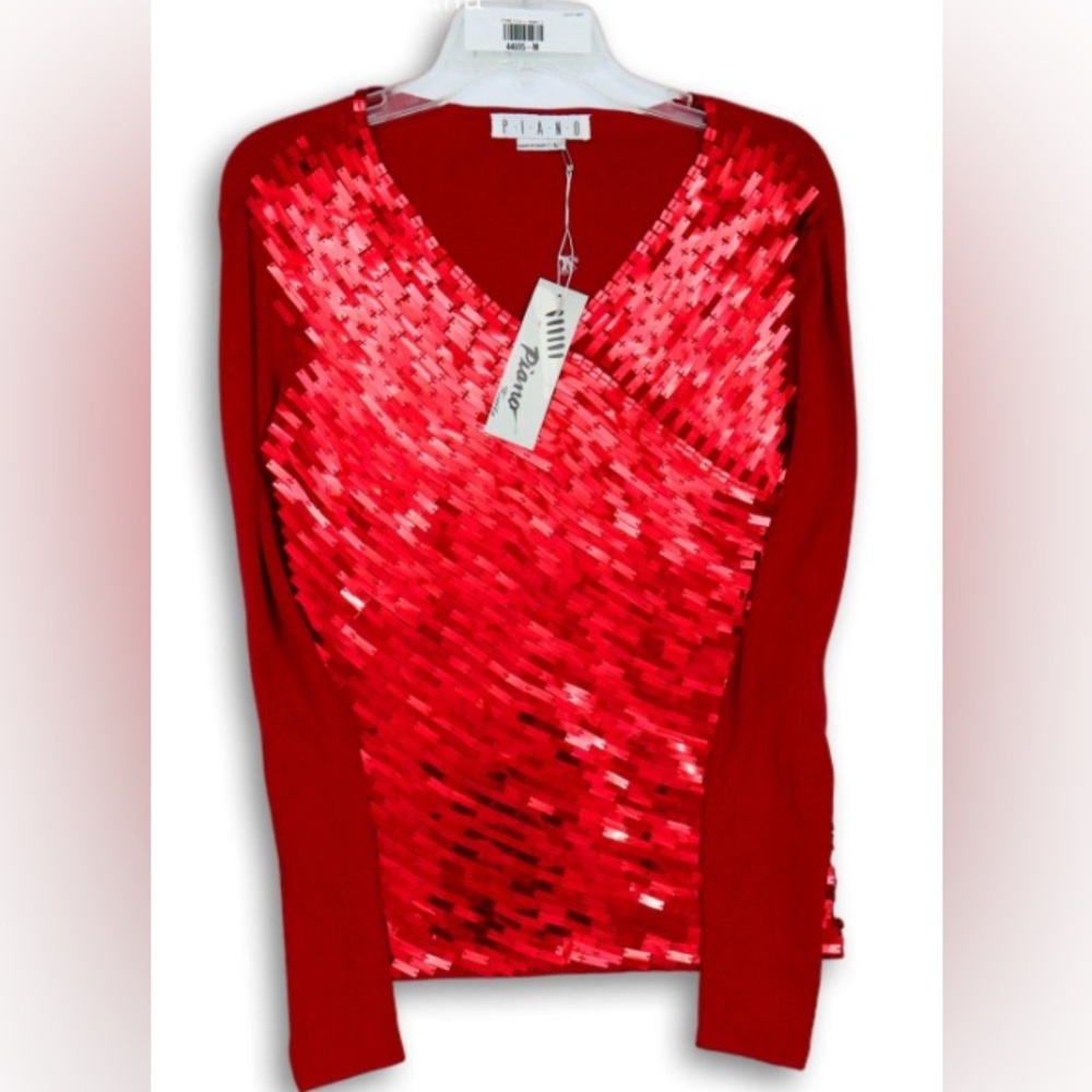 NEW Piano Red V-Neck Sequined Thin Sweater-Size Large